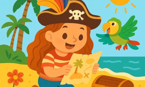 Een jonge piratenvrouw, genaamd Lotte, met lang golvend haar, draagt een piratenhoed versierd met kleurrijke veren. Ze heeft een stralende glimlach en sprankelende ogen van opwinding terwijl ze een oude schatkaart ontdekt. Naast haar vliegt een kleurrijke papegaai, genaamd Koko, vrolijk om haar heen met groene en gele veren, terwijl hij aanmoedigende woorden roept. De achtergrond is een tropisch eiland met slanke palmbomen die zachtjes in de wind wiegen, gouden zand dat onder de zon glinstert, en heldergekleurde bloemen. In de verte strekt een turquoise zee zich uit tot aan de horizon, met zachte golven die de kust kussen. De scène toont Lotte en Koko die in het zand graven en een oude houten kist ontdekken, versierd met maritieme motieven, terwijl een zonnestraal de scène verlicht en een magische toets aan hun avontuur toevoegt.