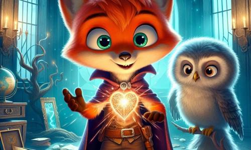 Zefiro, un pequeño zorro de pelaje naranja brillante y cola esponjosa, se encuentra en el centro de la escena, con los ojos brillantes de emoción y determinación, sosteniendo en sus patas el Corazón del Viento, un artefacto resplandeciente que pulsa con energía mágica. A su lado, un viejo búho sabio, de plumas grises y ojos penetrantes, observa con orgullo, posado en una rama, listo para guiar a Zefiro en su búsqueda. En el fondo, la sala misteriosa está llena de artefactos antiguos y espejos rotos, iluminada por rayos de luz que se filtran a través de una grieta en el techo, creando una atmósfera mágica e intrigante. La escena principal muestra a Zefiro, listo para enfrentar su destino, mientras descubre el poder del Corazón del Viento, simbolizando la unión entre la magia y la tecnología en un mundo de ciencia ficción.
