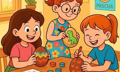 Hay 3 personajes: - Lucía: una niña de 8 años con cabello largo castaño y ojos brillantes. Lleva una camiseta rosa y una falda verde. Está sentada en la mesa, sosteniendo un huevo de chocolate decorado. - Marta: una niña de 8 años con una coleta alta y gafas redondas. Lleva un vestido de flores coloridas. Está de pie junto a Lucía, dibujando un dinosaurio en su huevo. - Ana: una niña de 8 años con cabello rojo y pecas en la nariz. Lleva una camiseta azul y un short amarillo. Está agachada frente a la mesa, decorando un huevo con pequeños corazones. El lugar es una habitación luminosa y acogedora, con una gran mesa de madera en el centro, cubierta de papeles de colores, lápices, pinturas y pequeños huevos de chocolate. Rayos de sol entran por una ventana, iluminando dibujos de Pascua colgados en las paredes. La situación principal muestra a las tres amigas en plena creación, rodeadas de colores vivos y risas, mientras decoran sus huevos de chocolate con motivos alegres y sonrisas brillantes.