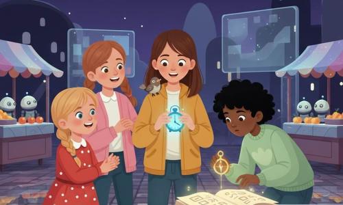 Vier meisjes (ongeveer 10–11 jaar): meisje met steil bruin haar tot op de schouders in een mosterdgele jas houdt een blauw techno-klokje in het midden; meisje met blond gevlochten haar in een rood-wit gestippelde jurk en een klein knipperend mechanisch vogeltje op haar rechterschouder staat links; meisje met kort krullend zwart haar en een lichtgroene trui houdt een glanzend passer gericht op een klein boek en leunt rechts; meisje met lichtbruin haar in staartjes en een roze vestje glimlacht en houdt de hand van het middelste meisje, iets achter links. Ze staan rond een oud open boek op een bank op een futuristische nachtmarkt met glanzende kasseien, zwevende kraampjes, ronde robots en lumineus fruit, LED-guirlandes en holografische borden; het blauwe klokje gloedt zacht, het vogeltje knippert, de passer glinstert en de warme, verzadigde verlichting benadrukt hun verwondering en kameraadschap.
