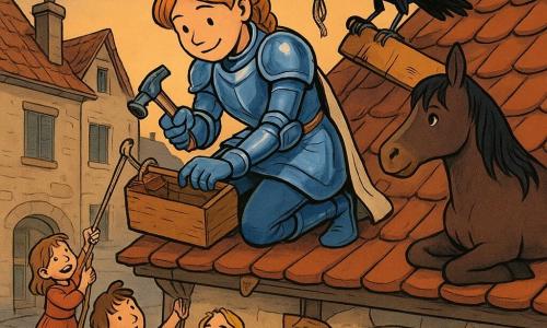 Een jonge riddervrouw met een geconcentreerde glimlach in glanzend blauwachtig harnas en crème tabard hurkt op een rood pannendak en slaat voorzichtig een spijker; naast haar een baai pony met glanzende manen, en een grote zwarte kraai die een touwtje vasthoudt; drie kinderen (7–9 jaar) op een houten ladder reiken takken en touwen aan, terwijl de 45-jarige bakkersman met bebloemd schort beneden bij de winkelpoort dankbaar omhoog kijkt; op een geplaveide dorpsstraat bij schemering met lichte stenen gevels en een scheef houten winkelbord in croissantvorm vindt een gezamenlijke reparatie van het bord plaats, warme kleuren, duidelijke lijnen en zacht goudkleurig avondlicht.