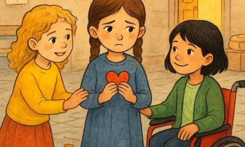 Ci sono tre bambine di 7 anni: Lila, capelli castani in due trecce, occhi un po' preoccupati ma dolci, veste blu consumata, al centro con un piccolo cuore di carta rossa sul petto; Sofia, capelli biondi ricci, sorriso rassicurante, maglione giallo, a sinistra che le prende la mano destra; Marta, capelli neri corti, su una piccola sedia a rotelle rossa, cardigan verde, a destra con la mano sinistra sul bracciolo in gesto d'amicizia. Ambientazione: cortile della scuola al crepuscolo, pavé grigio, poche foglie arancioni, una panchina di legno consumata, una porta dell'aula beige aperta con luce calda, disegni appesi al muro esterno, scatole di cartone impilate e una coperta piegata vicino alla panchina. Situazione: le tre amiche formano un piccolo cerchio in un silenzioso gesto di sostegno; Lila mostra il cuore di carta, Sofia le tiene la mano e Marta le sorride con benevolenza, atmosfera dolce e coraggiosa, colori caldi, inchiostro definito, ombre leggere e texture della carta visibili.