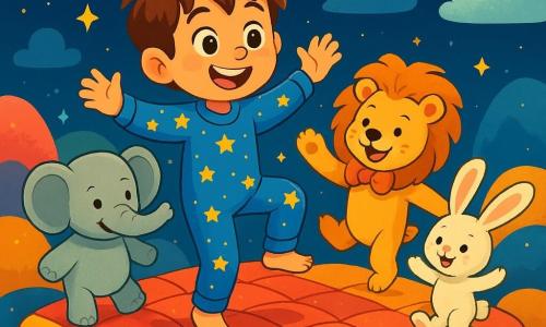 Un niño de 6 años, llamado Tomás, con cabello castaño alborotado y ojos llenos de curiosidad, baila alegremente sobre un edredón flotante. Lleva un pijama azul decorado con estrellas brillantes y muestra una gran sonrisa asombrada. A su lado, un elefante de peluche gigante, con orejas suaves y grises, lo invita a bailar con una expresión amigable y alegre. Un león de peluche, con melena dorada y pajarita brillante, se divierte haciendo piruetas, mientras que un pequeño conejo de peluche con grandes orejas blancas salta a su alrededor, riendo y aplaudiendo. La escena se desarrolla en un mundo mágico, lleno de montañas de peluches coloridos, cojines gigantes y luces brillantes que parecen estrellas en un cielo nocturno. Nubes de algodón flotan suavemente a su alrededor, creando una atmósfera suave y soñadora. Tomás, rodeado de sus amigos de peluche, baila con entusiasmo en una fiesta alegre, donde la música resuena y las risas se elevan en el aire, ilustrando la magia del sueño y los sueños.