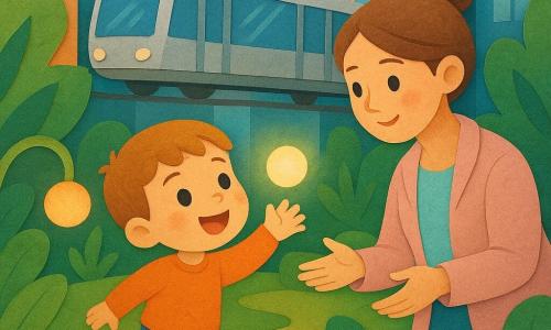 Bambino di 4 anni, volto rotondo e guance rosate, capelli castano chiaro corti, occhi grandi e brillanti, espressione meravigliata e sorridente, in punta di piedi tende la mano verso una piccola sfera luminosa fluttuante; donna (madre) sui 30 anni, capelli raccolti in chignon, giacca pastello, sguardo tenero e mani aperte verso il bambino, dietro di lui in atteggiamento protettivo e sorridente; un tram sospeso argentato sullo sfondo con linee morbide e vetri azzurri che riflettono la luce; ambientazione: giardino sospeso tra alti edifici di vetro con grandi foglie stilizzate, sentieri in legno chiaro e lanterne rotonde fluttuanti; luce tenue mischiata ad arancio e azzurro, ombre nette come carta sovrapposta; atmosfera magica, curiosa e sicura, stile grafico piatto, colori vivaci e texture di carta strappata.