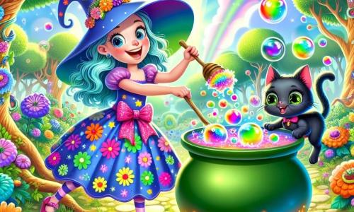 Zia Fata, una giovane strega dai capelli blu vivaci, indossa un abito arcobaleno scintillante e mostra un grande sorriso gioioso. Sta mescolando una pozione frizzante in un grande calderone verde, circondata da bolle colorate che fluttuano attorno a lei. Accanto a lei, Miao, il suo gatto birichino, ha un pelo nero e occhi dorati brillanti. Guarda curiosamente la pozione, pronto a saltare dentro con un'espressione maliziosa. La scena si svolge in una foresta incantata, dove gli alberi dai tronchi contorti e i fiori vivaci danzano al ritmo di una dolce brezza. I raggi di sole filtrano tra le foglie, creando riflessi di luce magica sul terreno. Zia Fata, mescolando la sua pozione, provoca un'esplosione di colori e risate, trasformando la foresta in un luogo di gioia e sorprese. I fiori intorno a lei iniziano a trasformarsi in clown gioiosi, aggiungendo un tocco di follia alla scena.
