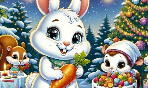 Un giovane coniglio bianco e setoso, con grandi occhi scintillanti di gioia, si trova al centro di un giardino decorato con luci brillanti e ghirlande colorate. Sorride, con le orecchie dritte, mentre tiene una grande carota decorata come una torta di festa. A destra, un piccolo scoiattolo marrone, con una coda folta e occhi maliziosi, scala un ramo per appendere lanterne, mostrando un sorriso entusiasta. A sinistra, una simpatica faina con pelliccia bianca e nera, indossando un grembiule, prepara un punch di frutta su un tavolo pieno di dolcetti, apparendo concentrata e felice. Il giardino è illuminato da stelle brillanti nel cielo notturno, con un grande albero di Natale decorato sullo sfondo, circondato da neve scintillante. Fiocchi di neve cadono dolcemente, aggiungendo un tocco magico alla scena. I protagonisti stanno preparando una grande festa di Capodanno, piena di risate, giochi e delizie, creando un'atmosfera festosa e calorosa.