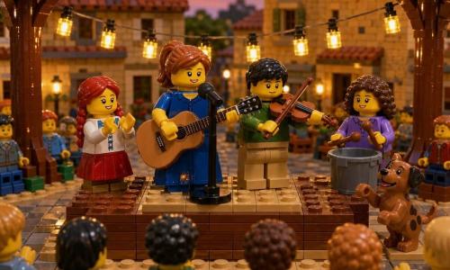 Una donna cantante e musicista sorridente e benevola, capelli castano chiaro raccolti in coda, vestito blu semplice, tiene una piccola chitarra di legno e canta dolcemente al microfono su un piccolo palco di legno; accanto a sinistra sta Nina, circa 7 anni, bassa con trecce rosse e occhi brillanti, che applaude ammirata; a destra Bruno, circa 9 anni, capelli neri corti, suona un violino con tre corde visibili, volto concentrato ma coraggioso; dietro Bruno Ada, circa 8 anni, capelli ricci castani, batte delicatamente un secchio-percussione con due cucchiai di legno; un piccolo cane marrone maculato, Pepe, abbaia gioioso sul bordo del palco con una zampa sollevata, seguendo il ritmo; luogo: una piccola piazza di paese al crepuscolo con lucine gialle appese tra due platani, case in pietra ocra e sedie di legno per il pubblico sfocato; atmosfera calda e un po' goffa, strumenti vari, luci dorate, bambini in fila sul palco, pubblico sorridente e dettagli LEGO visibili (studs, mattoncini, texture plastica), tonalità morbide e colorate.