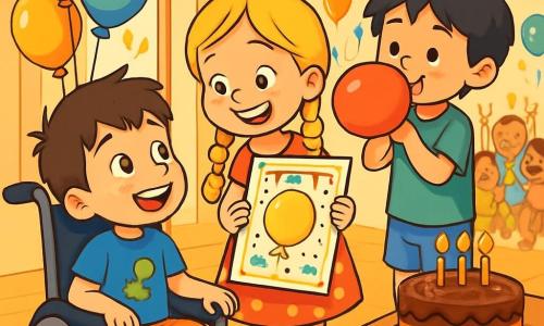 Hay 3 personajes: - Lucas: un niño de 5 años, sentado en una silla de ruedas. Tiene el cabello castaño, ojos brillantes y lleva una camiseta azul con un dibujo de dinosaurio. Sonríe con asombro al mirar a sus amigos. - Sofía: una niña de 5 años, de pie junto a Lucas. Tiene largas trenzas rubias y lleva un bonito vestido rojo con lunares. Sostiene una gran invitación colorida y tiene una gran sonrisa en el rostro. - Diego: un niño de 5 años, un poco apartado, con el cabello negro despeinado. Lleva una camiseta verde y un pantalón corto azul. Está inflando un globo de fiesta, listo para dárselo a Lucas. El lugar es una casa acogedora, decorada con globos multicolores y guirnaldas brillantes. La habitación está llena de luz, con una gran mesa en el centro, sobre la cual descansa una magnífica tarta de chocolate adornada con velas. Hay juegos y juguetes esparcidos por ahí, y amigos ríen y se divierten en un rincón. La situación principal muestra a Lucas, asombrado, descubriendo la sorpresa de su cumpleaños. Sofía y Diego lo rodean con entusiasmo, mientras todos los amigos cantan "Feliz cumpleaños" levantando globos coloridos.