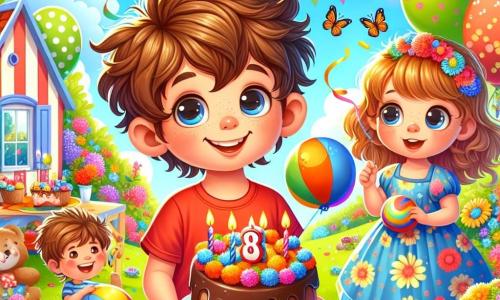Um menino de 8 anos, chamado Luís, com cabelos castanhos bagunçados e um grande sorriso alegre, usa uma camiseta vermelha e um short azul. Ele segura um balão colorido em uma mão e um pequeno bolo de chocolate na outra, com os olhos brilhando de excitação. Ao seu lado, Tia Estela, uma mulher de cerca de 35 anos com cabelos castanhos e óculos redondos, usa um vestido florido e meias listradas. Ela sorri enquanto segura um prato cheio de doces coloridos, observando Luís com ternura. O cenário é um encantador jardim ensolarado, repleto de flores vibrantes, borboletas voando e uma grande mesa de madeira decorada com luzes. Ao fundo, uma pequena casa com janelas azuis e telhado vermelho adiciona um toque de magia. A cena principal mostra Luís, cercado por amigos, soprando as velas do seu bolo de aniversário, com risadas e confetes voando no ar, criando uma atmosfera festiva e alegre.