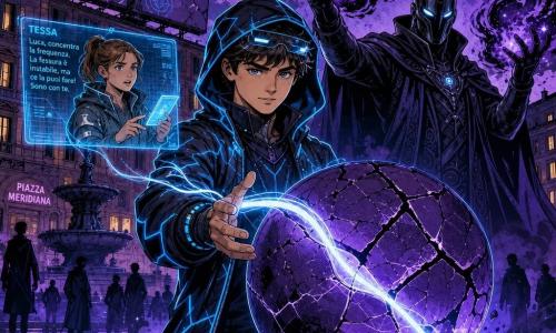 Un ragazzo di circa 16 anni, volto giovane e concentrato, espressione determinata, con cappuccio scuro bordato da filamenti fotonici blu luminosi e una visiera sottile, è al centro della piazza con le mani tese a tracciare un sottilissimo nastro di luce bianco-azzurra che si infila nelle crepe di una grande sfera viola screpolata; un uomo alto, Nebulon, con maschera liscia e fessure luminose blu e un mantello di nebbia scura sta accanto alla sfera con le braccia alzate, soffiando volute di nebulosa nera attorno alle dita; una ragazza adolescente, Tessa, circa 16 anni, capelli raccolti, giacca tecnica e tablet luminoso, appare come piccolo ologramma sopra il polso di Nico, ansiosa ma concentrata a dare istruzioni; luogo: Piazza Meridiana di notte, ciottoli umidi e una leggera foschia violacea al centro; situazione: duello visivo fra luce e nebbia — il ragazzo ricuce la sfera con il nastro di luce stabile mentre Nebulon l'investe con ondate nebulose; composizione dinamica, forti contrasti di blu freddi luminosi e neri violetto, sagome osservanti sullo sfondo, atmosfera eroica e malinconica.