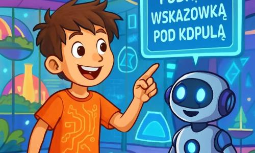 Dwunastoletni chłopiec, Kacper, z rozczochranymi brązowymi włosami i błyszczącymi z ciekawości oczami, stoi przed holograficznym ekranem w futurystycznym centrum EduParc. Jego twarz wyraża zachwyt i podekscytowanie, z szerokim uśmiechem rozświetlającym jego oblicze. Ma na sobie koszulkę z motywem obwodów drukowanych i lekkie spodnie, idealne na przygodę. Obok niego stoi Teksio, humanoidalny robot towarzyszący, z srebrnym ciałem i migającymi niebieskimi diodami LED, uważnie obserwujący ekran. Teksio ma przyjazny i zachęcający głos, gotowy pomóc Kacprowi w jego poszukiwaniach. Miejsce to futurystyczna przestrzeń wypełniona żywymi kolorami, z przejrzystymi szklanymi ścianami ukazującymi unoszące się ogrody i fontanny światła. Hologramy unoszą się wokół nich, wyświetlając informacje o różnych atrakcjach parku. Kacper, zaintrygowany, wskazuje palcem na tajemniczy napis na ekranie, który mówi: 