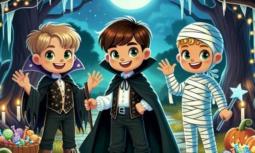 Three boys, around 10 years old, stand in the center of an enchanted clearing. Max, the leader, has brown hair and wears a vampire costume with a flowing black cape, sporting a big smile. To his right, Leo, the prankster, has blonde hair and is dressed as a mummy, with strips of cloth trailing behind him, laughing joyfully. On the left, Sam, the wise one, has brown hair and wears a blue wizard robe adorned with stars, holding a sparkling wand. The clearing is surrounded by twisted trees with dark branches, illuminated by moonlight filtering through the leaves. In the center, a wooden table is filled with colorful candies, while smiling pumpkins are arranged around, creating a magical yet slightly mysterious atmosphere. The boys, awestruck, stand before the candy table, ready to take on the challenge of the candy guardian who has posed a riddle to earn the treats.