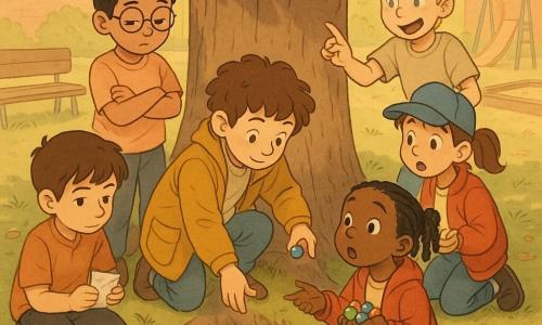 Six children: Sam (boy, 9) with curly brown hair and an oversized mustard coat kneeling center, reaching toward a small hole at the base of an old oak; Max (boy, 10) with short black hair and shiny round glasses standing left with arms crossed, looking down thoughtfully; Jamie (boy, 9) with messy blond hair smiling widely to the right, on tiptoe pointing at a shiny blue marble; Toby (boy, 9) with dark brown hair kneeling near the hole holding a folded note; Mia (girl, 8) with braided black hair and a red jacket behind a small pile of objects, holding a stack of shiny treasures and looking up surprised; Chloe (girl, 8) with brown hair in a ponytail and a blue cap beside Mia, handing the blue marble to Sam; sunny schoolyard with a large old oak with exposed roots, slightly worn green grass, a nearby wooden bench, blurred sandbox and slide in the background, scattered leaves and twigs; they’ve found a small stash under the oak containing colorful marbles, a toy dinosaur and a capsule, warm soft light, enthusiastic expressions, composition centered on the hole and outstretched hands returning the blue marble.