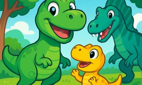 Trixie, a young Tyrannosaurus Rex with shiny green scales and sparkling curious eyes, stands proudly at the center of the scene, a big smile on her joyful face. Beside her, her little brother Tiny, an adorable Tyrannosaurus Rex with yellow scales and round eyes, looks on with admiration, his small paws raised in excitement. In the background, Spike, a huge Spinosaurus with blue-green scales and a large dorsal fin, approaches with a friendly expression, his white teeth shining in the sunlight. The setting is a vast green plain dotted with colorful flowers and tall trees, under a bright blue sky with fluffy clouds gently floating. The main scene shows Trixie and Tiny enthusiastically welcoming Spike, while other curious dinosaurs watch them from afar, creating an atmosphere of camaraderie and discovery.