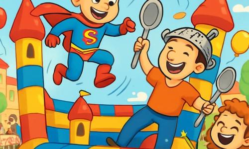 Marvin, a man with tousled hair and a smiling face, wears a blue and red superhero costume with a cape fluttering behind him. He has sparkling eyes full of excitement and a big smile as he stands on a huge inflatable castle, ready to jump. Next to him, Captain Spoon, a man in his 30s with a colander on his head and a large spoon in hand, laughs contagiously while trying to keep his balance on the castle. Lady Gigglepants, a 10-year-old girl with curly hair and a colorful dress, stands below, laughing heartily and pointing her tickle ray at the castle. The scene takes place in a bustling town square filled with families and children, with colorful balloons floating in the air and picnic tables adorned with checkered tablecloths. The main situation shows Marvin about to jump from the castle, while the castle joyfully bounces, sending sandwiches and balloons flying, creating a festive and crazy atmosphere.
