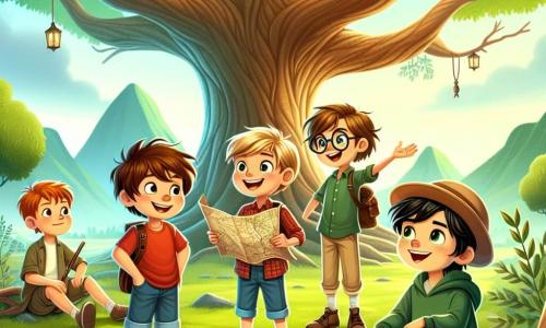 In an enchanted valley, four ten-year-old boys stand under a large ancient tree with majestic branches. Oliver, with messy brown hair, wears a red t-shirt and blue shorts. He stands with arms outstretched, smiling as if sharing a brilliant idea. Max, with blonde hair and round glasses, is dressed in a plaid shirt and beige pants, sitting on a tree root, holding an old map with sparkling eyes of excitement. Leo, with chestnut hair and sunglasses on his forehead, wears a green sweatshirt and jeans, crouched down, curiously observing the tree's leaves as if listening to their whispered secrets. Ethan, the dreamer, has black hair and a straw hat, lying on the grass with his arms behind his head, gazing at the sky with a thoughtful smile. The valley is surrounded by majestic cliffs, colorful flowers, and butterflies fluttering around them. A gentle breeze makes the leaves dance, filling the air with magic and mystery. The boys share their dreams and thoughts, realizing their adventure in the valley is not just a treasure hunt, but a journey of self-discovery and friendship.