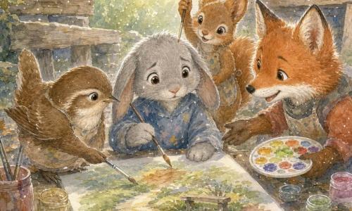 Benny, a small gray rabbit with gentle brown eyes and slightly drooping ears, looks shy but determined as he holds a fine brush painting a small bench and a secret path on a large canvas laid on a wooden table; Miss Wren, a warbler with brown feathers and a cream breast, crouches at his level with a kind smile demonstrating a brush technique beside him; Ollie, a playful red fox, holds a palette of bright colors and reaches out to help while Tilly, a paint-streaked squirrel, stands behind Benny offering a finer brush; the setting is the 