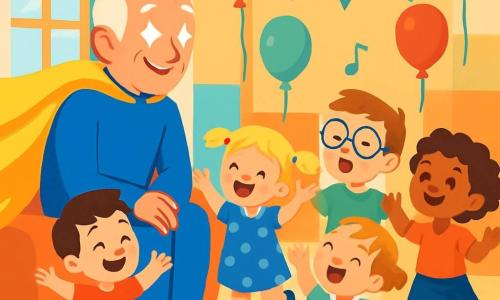Bliksem-Bob is een man met een grote gele cape die achter hem wappert. Hij heeft heldere ogen en een warme glimlach, zittend op een zachte stoel, kijkend naar de kinderen met bewondering. Naast hem springt een groep van vier kinderen, twee jongens en twee meisjes, van vreugde. De eerste jongen heeft bruin haar en draagt een rode t-shirt, terwijl het tweede meisje, met blonde vlechten, een blauwe jurk met stippen aan heeft. Het derde kind, een jongen met ronde bril, is aan het zingen, en het laatste meisje, met krullend haar, maakt enthousiaste gebaren. De scène speelt zich af in een heldere gemeenschapsruimte, met kleurrijke muren, ballonnen aan het plafond en zachte tapijten op de vloer. Bliksem-Bob moedigt de kinderen aan die plezier hebben met zingen en dansen, wat een vrolijke en energieke sfeer creëert.