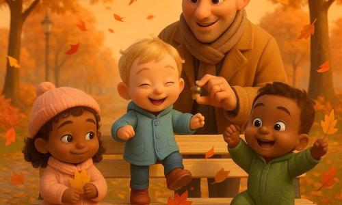 There are four main characters: Mia, a 2-year-old girl with short curly brown hair in a small braid, wearing a pale pink coat and matching hat, sitting left on the bench holding a large yellow leaf against her chest and smiling; Leo, a 2-year-old boy with short blond hair in a sky-blue coat and red boots, standing center on tiptoe on the bench, joyfully crushing a red leaf under his shoe; Sam, a 2-year-old boy with chestnut hair in a green onesie and round cheeks, on the right of the bench lightly jumping with hands up holding a brown leaf; and Papa, about 30, with a warm face, camel coat and soft scarf, standing behind the bench, leaning protectively and smiling while showing an acorn to the children. The scene is a small autumn park with a light wooden bench on a paved path, tall brown-gray trunks and swirling red, yellow and orange leaves, crunchy leaves on the ground and warm golden low sunlight; the children collect and admire colorful leaves around the bench as a light breeze stirs them, giving a calm, warm atmosphere with visible textures of soft fabrics, grained wood and crinkled leaves.