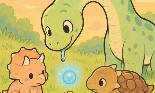 Un diplodocus grande y dulce de cuello muy largo, piel verde clara con manchas más oscuras, ojos redondos y sonrisa tierna, inclinado para dejar caer agua de su boca sobre una pequeña flor amarilla; una luz azul flotante, redonda y brillante con chispas suaves que danza sobre la flor; un tricératops juvenil, regordete y de piel beige rosada con cuernos cortos, sentado a la izquierda observando con curiosidad; un ankylosaurus pequeño y robusto con coraza marrón y placas redondeadas, a la derecha mirando la flor, tranquilo; pradera de hierba alta y verde con algunas flores amarillas y un riachuelo brillante al fondo bajo un cielo de atardecer rosado y naranja; escena calmada y tierna, colores pastel y formas redondeadas.