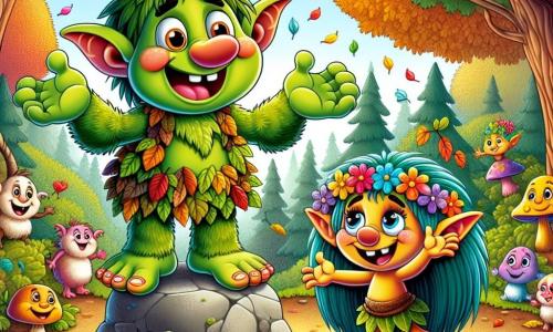 Un troll numit Grumbel, mare și verde cu o piele rugoasă, ochi rotunzi și răutăcioși, stă pe o piatră în centrul scenei, zâmbind cu mândrie după ce a spus o glumă. Poartă o tunică din frunze și are o expresie veselă, cu brațele ridicate în semn de victorie. Lângă el, Zâmbică, o mică ființă amuzantă cu urechi mari, un nas alungit și o burtică rotundă, sare de bucurie, cu ochii strălucind de fericire. Are un blăniță colorată și poartă o pălărie mică din flori. Scena se desfășoară în Pădurea Veselă, un loc magic plin de copaci cu trunchiuri multicolore, flori strălucitoare și animale vesele care ascultă glumele. Pământul este acoperit cu frunze aurii și ciuperci zâmbitoare, creând o atmosferă festivă. Grumbel și Zâmbică sărbătoresc victoria lor la concursul de glume, înconjurați de râsete și aplauze din partea celorlalte ființe din pădure, care îi încurajează cu zâmbete și hohote de râs.