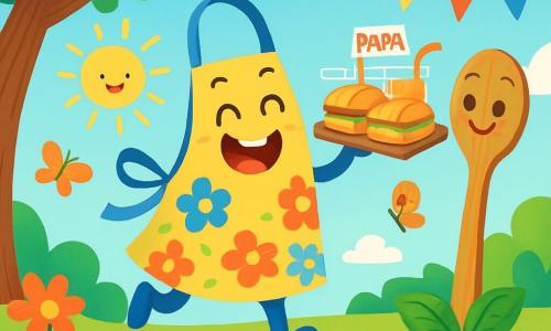 Un piccolo grembiule da cucina di nome Pippo, con motivi di fiori colorati, salta di gioia in un giardino soleggiato, il suo volto radioso di eccitazione e felicità. Tiene un piccolo vassoio pieno di panini e succhi di frutta, pronto a festeggiare la festa del papà. Accanto a lui, un cucchiaio di legno di nome Berto, con una texture liscia e un sorriso malizioso, osserva Pippo con ammirazione, i suoi occhi brillanti di complicità. Si trova su una foglia di basilico, pronto ad aiutarlo nei preparativi. Il giardino è pieno di fiori vivaci, farfalle svolazzanti e un grande albero verdeggiante che offre ombra, creando un'atmosfera gioiosa e festosa. La scena principale mostra Pippo e Berto che preparano una sorpresa per la festa del papà, con risate e sorrisi, circondati dalla bellezza del giardino, illustrando l'amore e la gioia di questa giornata speciale.