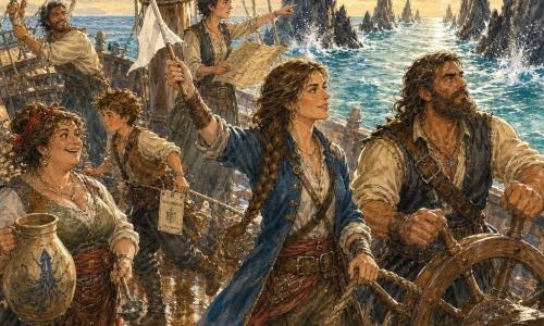 La scena mostra la capitana Lidia, donna con lunga treccia bruna che sorride concentrata tenendo un piccolo gagliardetto e una corda; intorno a lei sul ponte di legno di una goletta pirata con tavole bagnate di sale e cordami arrotolati ci sono Nello, uomo barbuto che regge la barra con lo sguardo all’orizzonte, Pinta, donna energica con una brocca e un mestolo, Timo, adolescente che corre verificando i cordini con un sacco stagno alla cintura, Alina, cartografa che indica la direzione accanto all’albero, e Rugo, con una cicatrice sulla guancia che aiuta a manovrare la vela di poppa; la goletta, vele gonfie, scivola vittoriosa e tesa attraverso lo Stretto delle Lame tra due file di scogli neri appuntiti sotto un cielo mattutino dorato, con schizzi vivaci e risate di sollievo.