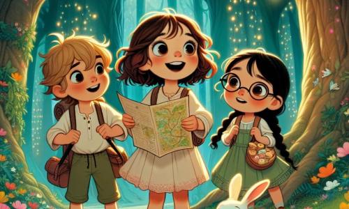 Tres pequeñas aventureras se encuentran en el centro de un claro encantado: Clara, una niña de 8 años con cabello rizado castaño y una sonrisa radiante, sostiene un mapa de papel con entusiasmo. A su derecha, Valeria, una niña de 7 años con trenzas rubias, mira con ojos brillantes de curiosidad, sosteniendo una pequeña bolsa llena de galletas. A la izquierda, Sofía, una niña de 8 años con cabello negro y gafas redondas, observa atentamente a un pequeño conejo blanco que las guía, con su rostro iluminado de alegría. El lugar es un claro mágico, rodeado de árboles gigantes con troncos gruesos y hojas brillantes, donde flores coloridas bailan al viento. Luciérnagas brillan en el aire, añadiendo un toque de fantasía a la atmósfera. Las tres amigas se preparan para entrar en el misterioso bosque, listas para vivir una emocionante aventura y recuperar luces mágicas robadas por criaturas traviesas.