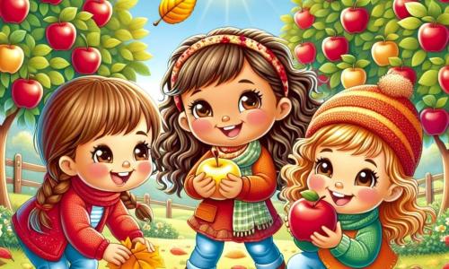 Tre ragazze felici, di circa 8 anni, si trovano in un frutteto autunnale. Anna, con i capelli castani e trecce, indossa una giacca rossa e sorride alzando una foglia gialla. Mia, con i capelli biondi e ricci, indossa un maglione arancione e guarda una mela rossa che tiene in mano. Sia, con i capelli castani e un cappellino, indossa una sciarpa verde e si piega per raccogliere una foglia rossa da terra. Il frutteto è pieno di meli con rami carichi di mele lucenti, mentre il terreno è coperto di foglie multicolori, dal giallo al rosso. Il cielo è blu con alcune nuvole bianche e il sole splende dolcemente, illuminando la scena. Le ragazze si divertono a raccogliere foglie e mele, ridendo insieme e godendo della bellezza dell'autunno.