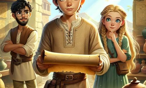 Luca, een twaalfjarig jongen, staat in het midden van de afbeelding, met rommelig bruin haar en nieuwsgierige ogen. Hij draagt een licht versleten beige linnen tuniek en een canvas broek, terwijl hij een oud perkamentrol in zijn handen houdt, met een gezicht dat zowel verwondering als vastberadenheid uitdrukt. Rechts van hem staat Sofia, een meisje van zijn leeftijd met lange, gevlochten blonde haren en heldergroene ogen, die aandachtig naar de rol kijkt, met haar hand op haar kin. Links van hem kijkt Marco, een jongen met zwart haar en ronde bril, met een opgewonden uitdrukking, zijn armen gekruist, klaar om op avontuur te gaan. De scène speelt zich af in een oud atelier, vol kleurrijke aardewerk en pottenbakkersgereedschap, met lichtstralen die door de stoffige ramen filteren en de kamer een warme gloed geven. Oude boeken en kaarten liggen verspreid op een houten tafel, wat een vleugje geleerdheid aan de omgeving toevoegt. Luca, Sofia en Marco ontdekken samen de magische kracht van de oude rol, klaar om zich onder te dompelen in een fantastische avontuur dat hen door tijd en ruimte zal leiden, verenigd door hun vriendschap en vastberadenheid om de magische wereld te beschermen.