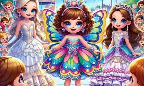 În centrul imaginii, Ana, o fetiță de 10 ani cu părul creț și ochi strălucitori, poartă un costum de fluture cu aripi colorate care strălucesc la soare. Lângă ea, Maria, o altă fetiță de 10 ani cu părul lung și drept, este îmbrăcată ca o zână, cu o rochie sclipitoare și o baghetă magică. La stânga, Ioana, o fetiță de 9 ani cu părul scurt și un zâmbet radiant, poartă o rochie de prințesă, împodobită cu perle și paiete. Decorul este o curte de școală animată, plină de baloane colorate, ghirlande și standuri de jocuri. Copiii râd și dansează în jurul lor, în timp ce un mare balon în formă de stea plutește pe cerul albastru. Scena principală o arată pe Ana, Maria și Ioana dansând împreună, înconjurate de alți copii care le aplaudă. Ana, cu masca magică pe față, pare să se înalțe ușor deasupra solului, în timp ce prietenele ei o încurajează cu zâmbete strălucitoare. Atmosfera este festivă și veselă, plină de culori vii și magie.