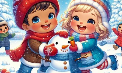 An illustration depicts a joyful little boy wearing a shiny red mitten with white fur, jumping in fresh snow. His face is lit up by a wide smile, his eyes sparkling with happiness as he prepares to build a snowman. Next to him, a little girl with curly golden hair, dressed in a bright blue coat and a colorful scarf, laughs heartily, her cheeks rosy with excitement. She holds a carrot in her hands, ready to use it as the snowman's nose. In the background, a large snow-covered garden is filled with gently falling snowflakes, trees covered in sparkling frost, and a clear blue sky contrasting with the bright white ground. The main scene shows the two children building a snowman, surrounded by winter decorations, with radiant smiles and an atmosphere of joy and camaraderie. Additional elements include scattered snowballs around them, footprints in the snow, and softly falling snowflakes, adding to the magic of this winter scene.