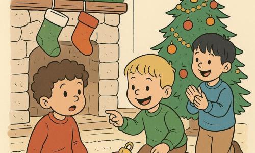 Há 3 personagens: Um menino chamado Tomás, quase 4 anos, com cabelos cacheados e castanhos, vestindo um suéter vermelho. Ele está sentado no tapete, olhando maravilhado para uma pequena meia verde pendurada na lareira. Um menino chamado Davi, quase 4 anos, com cabelos loiros e curtos, vestindo um suéter verde. Ele está ajoelhado ao lado de Tomás, rindo e apontando para uma bola de Natal que parece ter se movido. Um menino chamado Léo, quase 4 anos, com cabelos negros e lisos, vestindo um suéter azul. Ele está em pé atrás de Tomás e Davi, aplaudindo alegremente. O local é uma sala de estar acolhedora, decorada para o Natal. Há uma grande árvore de Natal cintilante com luzes coloridas e guirlandas douradas. Migalhas de glitter estão espalhadas sobre um tapete macio. Uma lareira de pedra é adornada com meias de Natal coloridas. A situação principal mostra os três meninos descobrindo um pequeno duende travesso que deixou uma pista na forma de um bilhete misterioso. O duende está escondido atrás de uma bola de Natal, com um sorriso malicioso, observando as crianças.