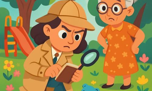 Lúcia, uma detetive de olhar determinado, usa um chapéu de detetive e um trench-coat bege. Sua expressão é concentrada e curiosa enquanto segura um caderno em uma mão e examina uma pequena impressão de sapato no chão. Dona Celina, uma mulher idosa com cabelos grisalhos e óculos redondos, está ao lado dela, com as mãos na cintura, parecendo preocupada. O parque está cheio de flores coloridas, grandes árvores com folhas verdes e um pequeno escorregador vermelho. A situação principal mostra Lúcia examinando o chão, buscando pistas para encontrar a pequena Sofia, que desapareceu após brincar, com brinquedos espalhados ao seu redor.