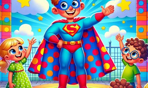 Super Sjaak, een glimlachende man met een grote cape met rode en blauwe stippen, staat in het midden van het podium. Zijn haar is rommelig en recht omhoog, en zijn ogen stralen van opwinding. Hij maakt een gebaar met zijn hand, klaar om de kinderen te verwelkomen. Aan zijn rechterkant steekt een 7-jarig meisje met blonde vlechten en een roze jurk enthousiast haar hand op, klaar om een vraag te stellen. Aan zijn linkerkant kijkt een 6-jarig jongetje met ronde bril en een groene t-shirt bewonderend naar Sjaak, met een grote glimlach op zijn gezicht. De scène speelt zich af in de binnenplaats van de Heldenschool, omringd door kleurrijke muren versierd met tekeningen van superhelden en wolken. Bomen met kleurrijke bladeren omringen de binnenplaats en speelgoed ligt verspreid over de grond. Super Sjaak kondigt blij aan dat de kinderen hun activiteit kunnen kiezen, en de opwinding is voelbaar in de lucht. De kinderen kunnen niet wachten om te ontdekken welk avontuur hen vandaag te wachten staat!
