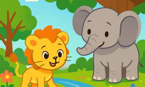 A small lion cub named Leo, with golden fur and sparkling curious eyes, stands by a shimmering river, smiling with slightly trembling paws from excitement. Next to him, Ellie, a gray elephant with large ears and gentle eyes, looks at Leo kindly, her expression full of wisdom and encouragement. She stands near a large tree, her big feet anchored to the ground, as if to support her young friend. The setting is an enchanted forest, with majestic trees featuring bright green leaves, colorful flowers dancing in the breeze, and a clear blue sky dotted with fluffy clouds. In this scene, Leo questions the joyfully singing river while Ellie listens attentively, creating an atmosphere of discovery and friendship.