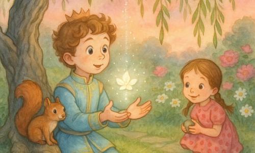 A tender, pastel watercolor scene at dusk: a round-faced 10-year-old prince with light chestnut curls and bright eyes kneels in a pale blue embroidered tunic, palms open as a shimmering silver drop falls from an ancient weeping willow and becomes a small luminous flower; a smiling 5-year-old girl in a pink polka-dot dress with two braids crouches by a small reflecting pool holding a shiny pebble, a fluffy red squirrel perches on a root nearby, set in a royal garden of velvety lawn, peonies, daisies and mossy stone paths under a rose-and-gold sky.