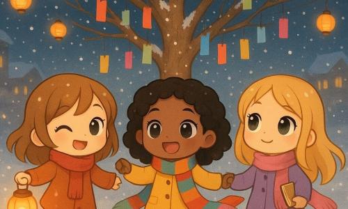 There are three main characters: - A girl named Lila, aged 9, with toast-colored hair and a mischievous smile. She holds a bright lantern and stands on the left of the image. - A girl named Sanaa, aged 9, with curly black hair and curious eyes. She is in the center, holding a colorful ribbon. - A girl named Maisie, aged 9, with blonde hair and a dreamy look. She is on the right, holding a small notebook. The setting is the village square, decorated with hanging lanterns gently floating in the air. Snowflakes fall delicately, covering the ground with a thin white layer. A large tree in the center is adorned with small colorful papers hanging from its branches, symbolizing New Year promises. The main scene shows the three girls joyfully dancing around the tree, their colorful scarves trailing behind them. The scene is illuminated by the soft glow of the lanterns and the sparkling snow, creating a warm and festive atmosphere.