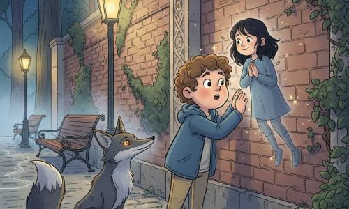 A 10-year-old boy with a round face, curly brown hair, big curious eyes and a moved, brave expression presses his palm to a cold brick wall, leaning forward to whisper; he wears a blue jacket, khaki pants and dusty shoes. A girl-shadow of about 8 with night-black hair, translucent and smiling, floats at his shoulder on the right with clasped hands, encouraging him. A shadow fox with glowing orange eyes, a slim muzzle and a bushy tail sits to his left, its body made of swirling shadows, watching the wall. The scene is an old nighttime park dominated by a tall ivy-covered brick wall engraved with sinuous motifs, soft-yellow lampposts, wrought-iron benches, wet cobbles and a silver mist winding through trees. The wall glows with a silver light around a carved poem as the shadows take shape and gently dance, tiny sparks trace the appearing words — a mysterious yet warm atmosphere in midnight-blue and silver tones.