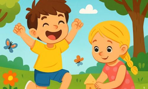 Um menino de 6 anos, chamado Tomás, com cabelo castanho bagunçado e um grande sorriso alegre, está sentado na grama verde do parque, com os olhos brilhando de excitação. Ele usa uma camiseta amarela viva e shorts azuis, e está pulando com entusiasmo, os braços levantados para o céu. Ao seu lado, uma menina da mesma idade, com cabelo loiro trançado e um vestido rosa de bolinhas, está construindo um castelo de areia, concentrada e sorridente, olhando para Tomás com diversão. O parque é um lugar encantador, cheio de flores coloridas, grandes árvores com folhas verdes e um céu azul salpicado de nuvens brancas fofas. Borboletas de asas brilhantes voam ao redor, adicionando um toque de magia à cena. A situação principal mostra Tomás e a menina brincando juntos, inventando um jogo de aventura, onde imaginam ser exploradores em uma selva, pulando alegremente entre pedras invisíveis, rindo e compartilhando ideias criativas.
