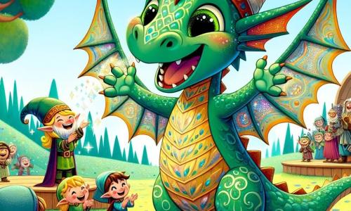 Un dragon vesel numit Zambilon, cu solzi verzi strălucitori și ochi jucăuși, stă în centrul scenei, râzând cu poftă. Aripile lui mari desfăcute adaugă un strop de magie aspectului său, în timp ce ține o piatră strălucitoare în gheare, simbol al victoriei sale. Lângă el, un elf mic numit Firicel, de aproximativ 8 ani, cu urechi ascuțite și păr auriu, zâmbește admirativ. Poartă o tunică colorată și stă pe vârfuri, ca și cum ar fi pregătit să aplaude. În fundal, un spiriduș numit Hăhăilă, de aproximativ 10 ani, cu o pălărie mare și un zâmbet contagios, se află pe o mică scenă din lemn, ridicând brațele pentru a încuraja mulțimea. Este înconjurat de creaturi fantastice, toate râzând și aplaudând. Locul este un câmp însorit, presărat cu flori multicolore și copaci mari cu frunze strălucitoare, unde o mulțime de creaturi magice s-au adunat pentru a sărbători festivalul râsului. Balonase colorate plutesc în aer, iar ghirlande de flori decorează copacii. Situația principală arată cum Zambilon, dragonul, își împărtășește bucuria și umorul cu prietenii săi, povestind una dintre cele mai amuzante glume ale sale, provocând hohote de râs în întreaga mulțime încântată.
