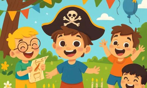Es gibt vier Kinder: Zen, ein 7-jähriger Junge mit zerzausten braunen Haaren und funkelnden Augen, trägt ein blaues T-Shirt und eine rote Shorts und steht lächelnd mit einem Piratenhut in der Mitte des Bildes. Mika, ein 7-jähriger Junge mit blonden Haaren und runden Brillen, trägt ein grünes T-Shirt und gelbe Hosen, steht links von Zen, lacht und hält eine Schatzkarte. Tom, ein 7-jähriger Junge mit kastanienbraunen Haaren und einem schelmischen Lächeln, trägt ein oranges T-Shirt und eine blaue Shorts, steht rechts von Zen und hebt begeistert die Arme. Emil, ein 7-jähriger Junge mit schwarzen Haaren und einem Pony, trägt ein lila T-Shirt und schwarze Hosen, steht etwas im Hintergrund und schlägt mit einem großen Lächeln auf eine kleine Trommel. Die Szene spielt in einem sonnigen Garten mit bunten Blumen und schwebenden Ballons. Eine große karierte Decke liegt auf dem Gras, dekoriert mit Kuchen und sprudelnden Getränken. Im Hintergrund bietet ein großer Baum mit ausladenden Ästen Schatten, während bunte Papiergirlanden von den Ästen hängen. Die Hauptsituation zeigt die Kinder, die Zens Geburtstag mit einer Schatzsuche feiern, während sie fröhlich wie Frösche springen, singen und Rätsel lösen.