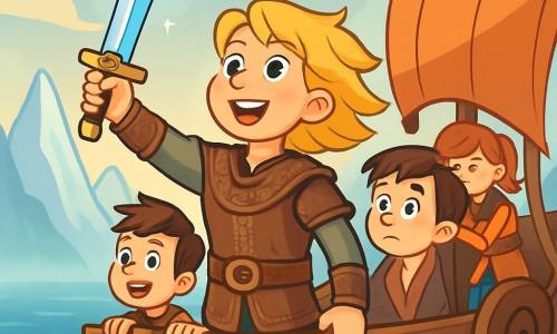 Um jovem viking, Eirik, se mantém orgulhosamente no convés de seu drakkar, com seus cabelos loiros ao vento e um rosto iluminado por determinação e admiração. Ele usa uma túnica de couro decorada com padrões nórdicos e um cinto de couro, segurando uma espada mágica brilhante. Ao seu lado, seu amigo, um garoto de cabelos castanhos e olhos brilhantes, cerca de 12 anos, observa o horizonte com uma mistura de excitação e preocupação, as mãos apertadas na borda do navio. Ao fundo, outra amiga, uma garota de cabelos ruivos, cerca de 11 anos, ajusta uma vela, com um rosto concentrado e determinado. O drakkar navega em um mar calmo, cercado por névoas misteriosas e ondas cintilantes, enquanto montanhas de gelo aparecem no horizonte, criando um cenário majestoso. A cena principal mostra Eirik brandindo sua nova espada mágica, pronto para enfrentar criaturas lendárias que emergem da névoa, com um brilho de aventura nos olhos e um sentimento palpável de heroísmo no ar.