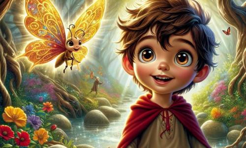 Um garoto de 6 anos, Lucas, com cabelos castanhos bagunçados e grandes olhos curiosos, está à beira de um riacho cintilante. Seu rosto expressa uma determinação alegre, com um sorriso radiante e bochechas rosadas. Ele usa uma capa vermelha flutuante e segura um pequeno pão de mel na mão. Ao seu lado, uma borboleta dourada, com asas brilhantes, voa ao seu redor, iluminando o ar com sua luz dourada. O local é uma floresta encantada, cheia de árvores com troncos retorcidos e folhas brilhantes, onde flores multicoloridas crescem entre as pedras. Raios de sol penetram pela folhagem, criando manchas de luz no chão. A cena principal mostra Lucas pronto para partir em uma aventura, ouvindo atentamente a borboleta que lhe fala sobre o Cristal Encantado roubado pelo Dragão das Sombras, enquanto pássaros coloridos cantam nos galhos acima deles.