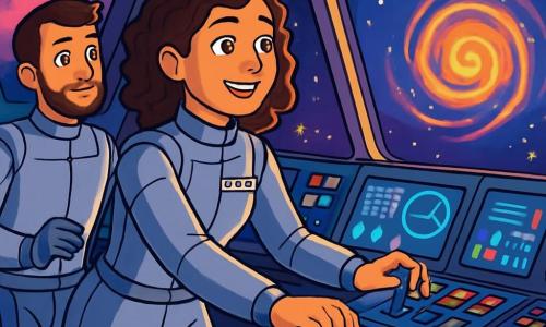 Uma mulher chamada Marina, com cerca de 30 anos, está na cabine de comando da nave espacial Aurora. Ela tem cabelos castanhos e cacheados, olhos brilhantes de excitação e usa um elegante uniforme espacial prateado. Seu rosto irradia determinação e alegria enquanto ajusta os comandos da nave. Ao seu lado, um jovem chamado Lucas, com cerca de 25 anos, cabelos curtos e uma barba leve, observa as telas com um olhar admirado. Ele também veste um uniforme espacial e se mantém um pouco atrás, pronto para ajudar. O local é a cabine da nave, cheia de painéis de controle iluminados, telas exibindo dados brilhantes e janelas com uma vista espetacular do espaço estrelado, com nebulosas coloridas ao fundo. A situação principal mostra Marina e Lucas se preparando para entrar em um misterioso redemoinho luminoso, uma espiral de energia vibrante que pulsa na escuridão do espaço, prometendo descobertas incríveis.
