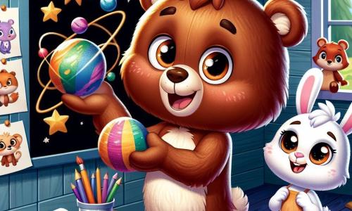 In the center of the image, Benny, a small brown bear with sparkling eyes and fluffy fur, stands in front of a blackboard, proudly smiling. He holds a colorful model of the solar system in his paws, showcasing the bright planets he has created. Next to him, Lila, a small white rabbit with big ears, looks on with admiration, her round eyes filled with excitement. She holds a paint palette and a brush, ready to add color to their project. Toby, a shiny red squirrel, sits at a nearby table, drawing stars on a sheet of paper with a focused and joyful expression, surrounded by colorful papers and crayons. The setting is a warm and welcoming classroom with wooden walls, forest animal posters, and large windows letting in sunlight. Children's drawings decorate the walls, adding color to the environment. The main scene shows Benny proudly presenting his solar system model to his friends and their teacher, Mr. Grizzle, who watches them with a kind smile, creating an atmosphere of encouragement and camaraderie.