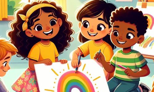 Uma menina de 8 anos, Clara, com cabelos castanhos e cacheados, um grande sorriso brilhante, está segurando um grande cartaz colorido. Ela usa uma camiseta amarela vibrante e uma saia floral, parecendo alegre e cheia de energia. Ao seu lado, Miguel, um menino de 8 anos com cabelos pretos e olhos brilhantes, está desenhando um arco-íris no cartaz, com uma expressão concentrada e entusiasmada. Ana, uma menina de 8 anos com cabelos loiros e lisos, está sentada no chão, cercada de lápis e papéis, desenhando um grande coração, com um sorriso caloroso no rosto. A cena acontece em uma sala de aula iluminada, com paredes decoradas com desenhos de crianças e janelas que deixam entrar a luz do sol. Livros coloridos estão empilhados em estantes, e cartazes sobre diversidade e amizade adornam as paredes. Clara, Miguel e Ana trabalham juntos em seu projeto de cartaz para celebrar a amizade e combater o racismo, mostrando sua determinação em unir todas as crianças, independentemente de sua origem.