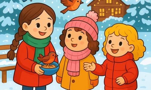 Er zijn 3 personages: - Noa: een 8-jarig meisje met lange bruine vlechten, een groene sjaal en een rode jas. Ze staat glimlachend met een klein kommetje warm water voor de vogels. - Lila: een 7-jarig meisje met krullend kastanjebruin haar, een dikke roze sjaal en een pomponmuts. Ze staat naast Noa en kijkt verwonderd naar de vogels. - Emma: een 6-jarig meisje met gouden krullen, een rode donsjas en laarzen. Ze staat iets achteraan en gooit met een grote glimlach zaden naar de vogels. De locatie is een besneeuwde tuin, waar de sneeuw glinstert onder de ochtendzon. Bomen met sneeuwbeladen takken omringen de tuin, en een klein houten bankje is bedekt met sneeuwvlokken. Op de achtergrond is een charmant klein chalet met fonkelende kerstverlichting te zien. De belangrijkste situatie toont de drie meisjes die vrolijk bezig zijn met het voeden van vogels in de sneeuw, wat een warme en feestelijke kerstsfeer creëert, met kleurrijke vogels die om hen heen vliegen.