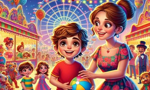 Un niño de 10 años, llamado Martín, con cabello castaño despeinado y ojos brillantes de curiosidad, está en el centro de la escena, sonriendo ampliamente. Lleva una camiseta roja y un pantalón corto azul, sosteniendo un globo multicolor en su mano. A su lado, su madre, una mujer de unos treinta años con el cabello castaño recogido en un moño, sonríe tiernamente mientras sostiene la mano de Martín. Ella lleva un vestido ligero con flores y parece maravillada por el espectáculo. El escenario es un carnaval animado, lleno de puestos coloridos, luces centelleantes y personajes fantásticos. Guirnaldas de luces multicolores cuelgan de los árboles, y globos flotan en el aire. Al fondo, una noria iluminada gira lentamente, sumando a la atmósfera festiva. La situación principal muestra a Martín y su madre descubriendo el carnaval, rodeados de risas y música. Martín, con los ojos brillantes de emoción, señala a un grupo de bailarines con trajes llamativos que se presentan en un escenario decorado con flores y purpurina.