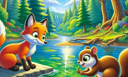 By a shimmering river, Finn the fox, a small fox with bright orange fur and sparkling curious eyes, watches the water's surface with a worried expression. He leans forward, his ears perked up, as he inspects the green algae covering the shore. Beside him, Tilly the squirrel, with her brown fur and bushy tail, nimbly climbs a branch, her face showing joyful determination. She holds a small seed in her paws, ready to plant it to help restore their environment. The setting is a vibrant forest, with majestic trees and bright green leaves, and wildflowers dancing in the wind. The river, though troubled by algae, reflects the clear blue sky and sunlight filtering through the branches. The main scene shows Finn and Tilly united in their mission to save their habitat, with Finn pointing his snout at the river while Tilly prepares to plant a seed, symbolizing their hope and determination to restore the beauty of the forest.